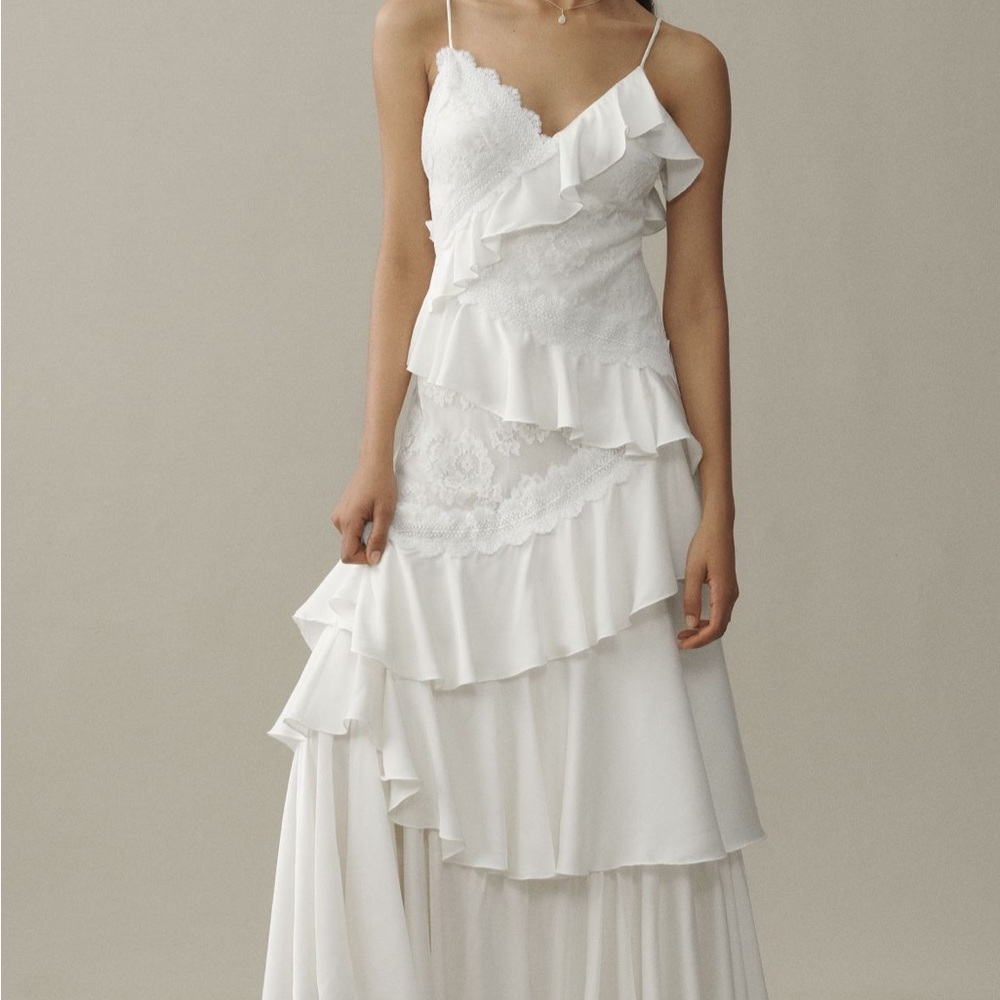 BHLDN V-Neck Tiered Ruffle Lace Satin Maxi Dress